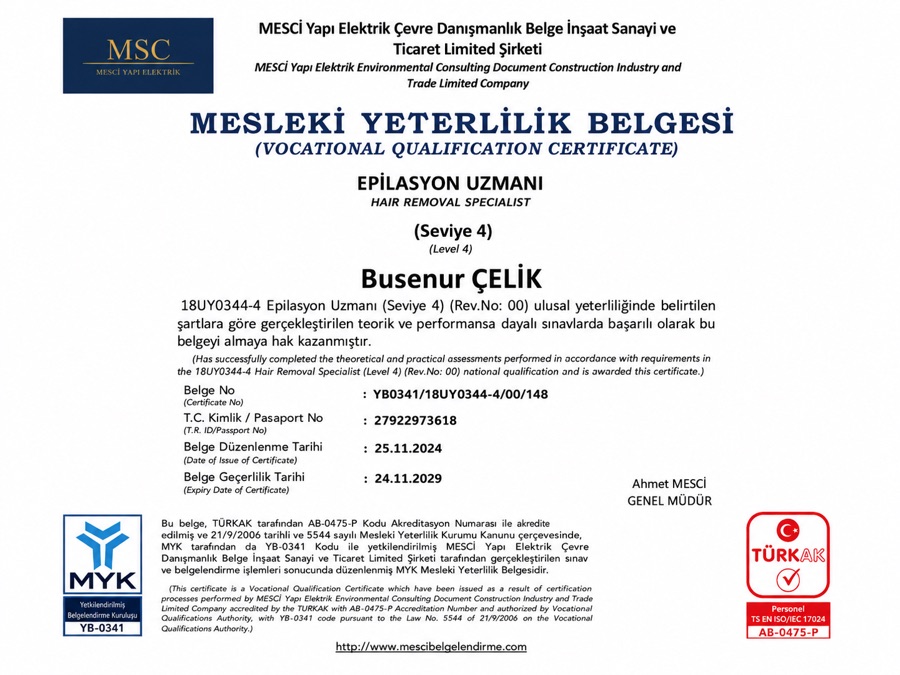 Sertifikalarımız - Mesleki Yeterlilik Belgesi Busenur Çelik Samsun Atakum