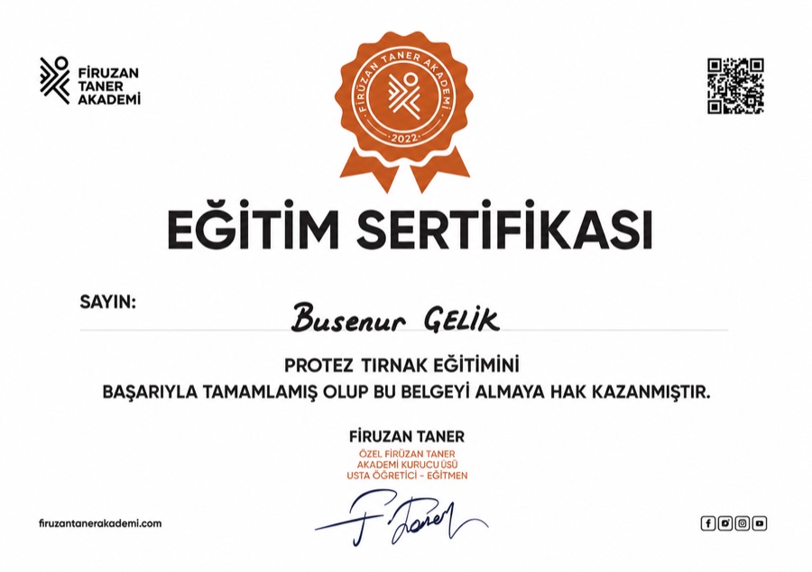 Sertifikalarımız - Protez Tırnak Uzmanlık Belgesi Samsun Atakum